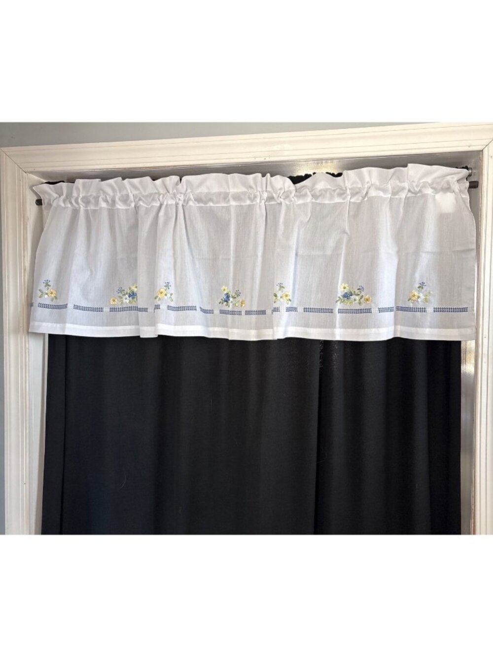 White Window Valance 60"W x 16"L Floral Embroidery & Blue Gingham Trim